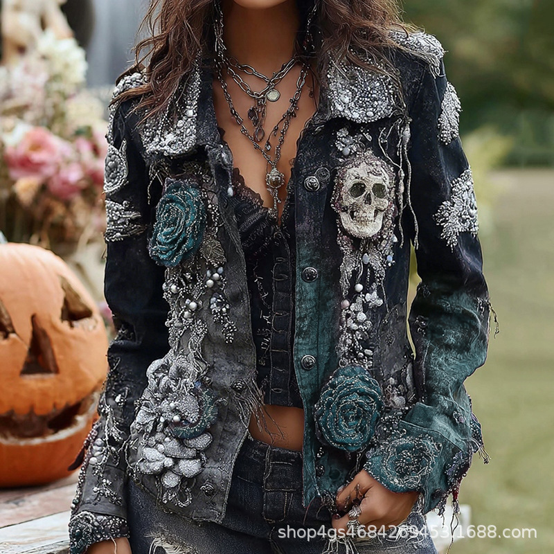 Vintage Fashion Stores - Gotik Punk Kafatası Gül Nakışlı Ceket
