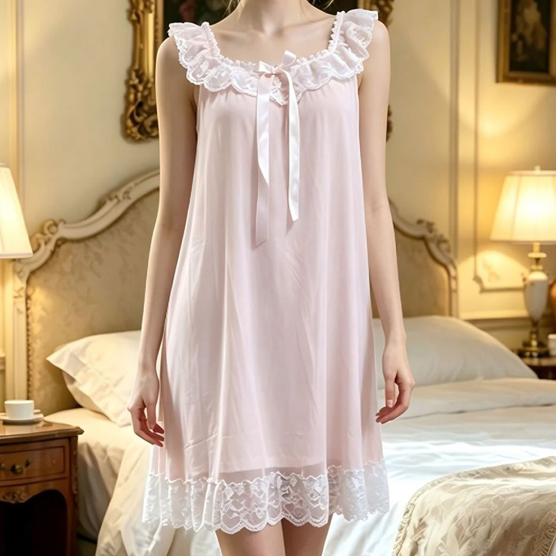 Vintage Fashion Dresses - Kadın Uyku Elbisesi Kolsuz Ruffles Örgü